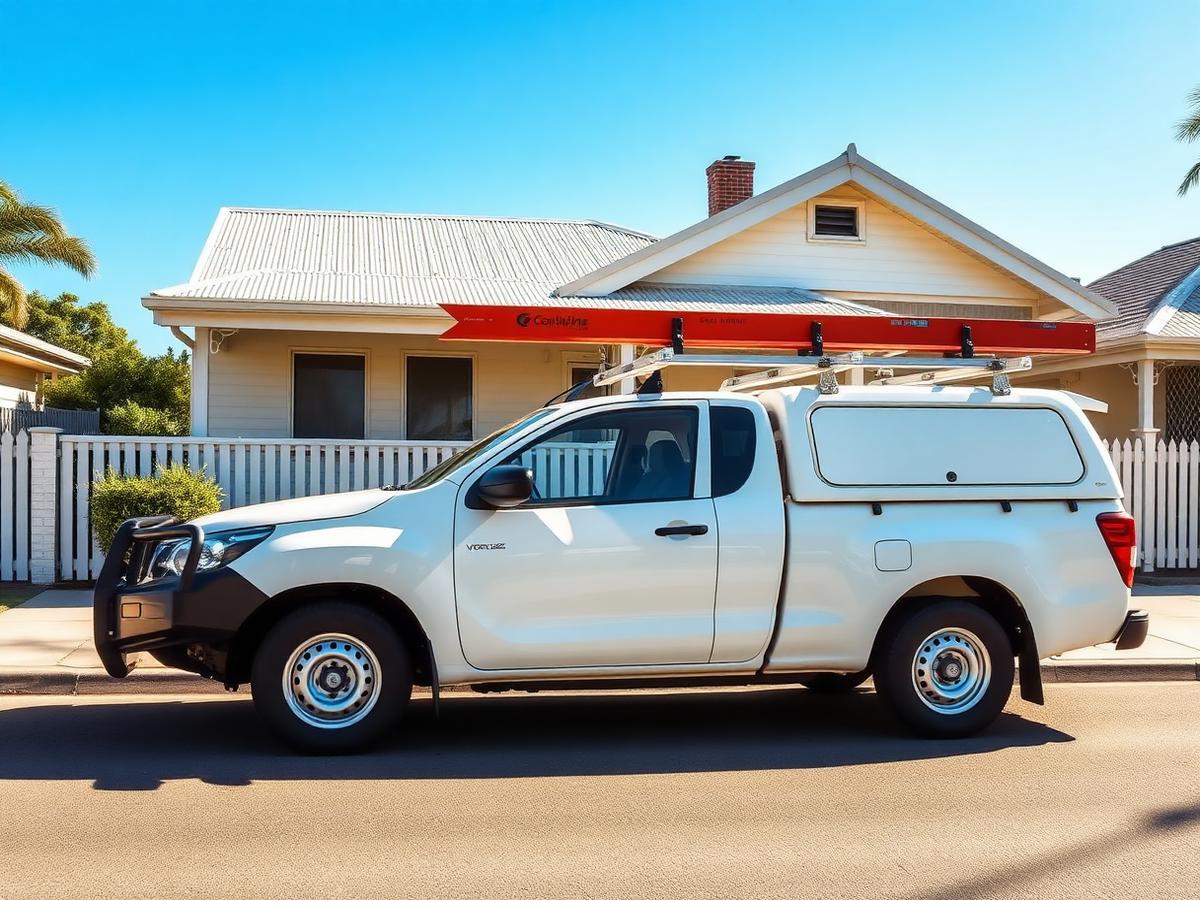 Work ute parked outside a Queenslander home ready for a roof inspection